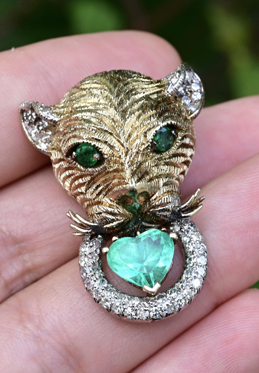 18K Gold Panther Pendant GIA Colombian Heart Emerald F1 Minor Oil