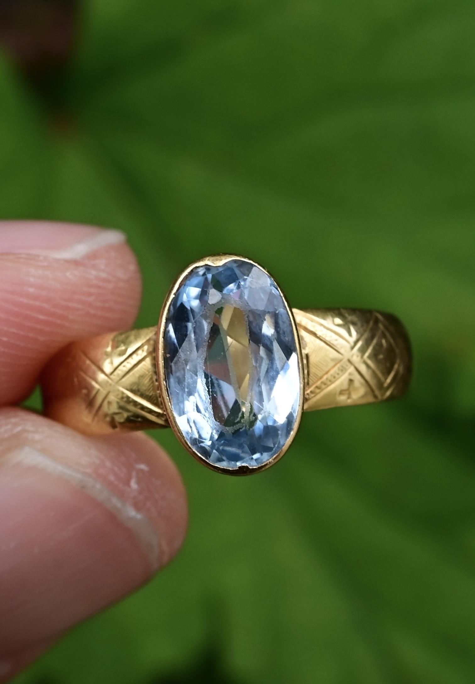 Antique 1800s 18K Yellow Gold Ring w/ Blue Lab-Grown Spinel – Oval Brilliant