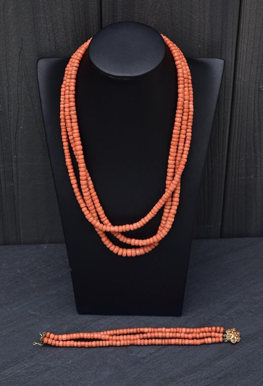 Antique Dutch 14k Gold & Triple-Strand Salmon Coral Necklace and Bracelet Set