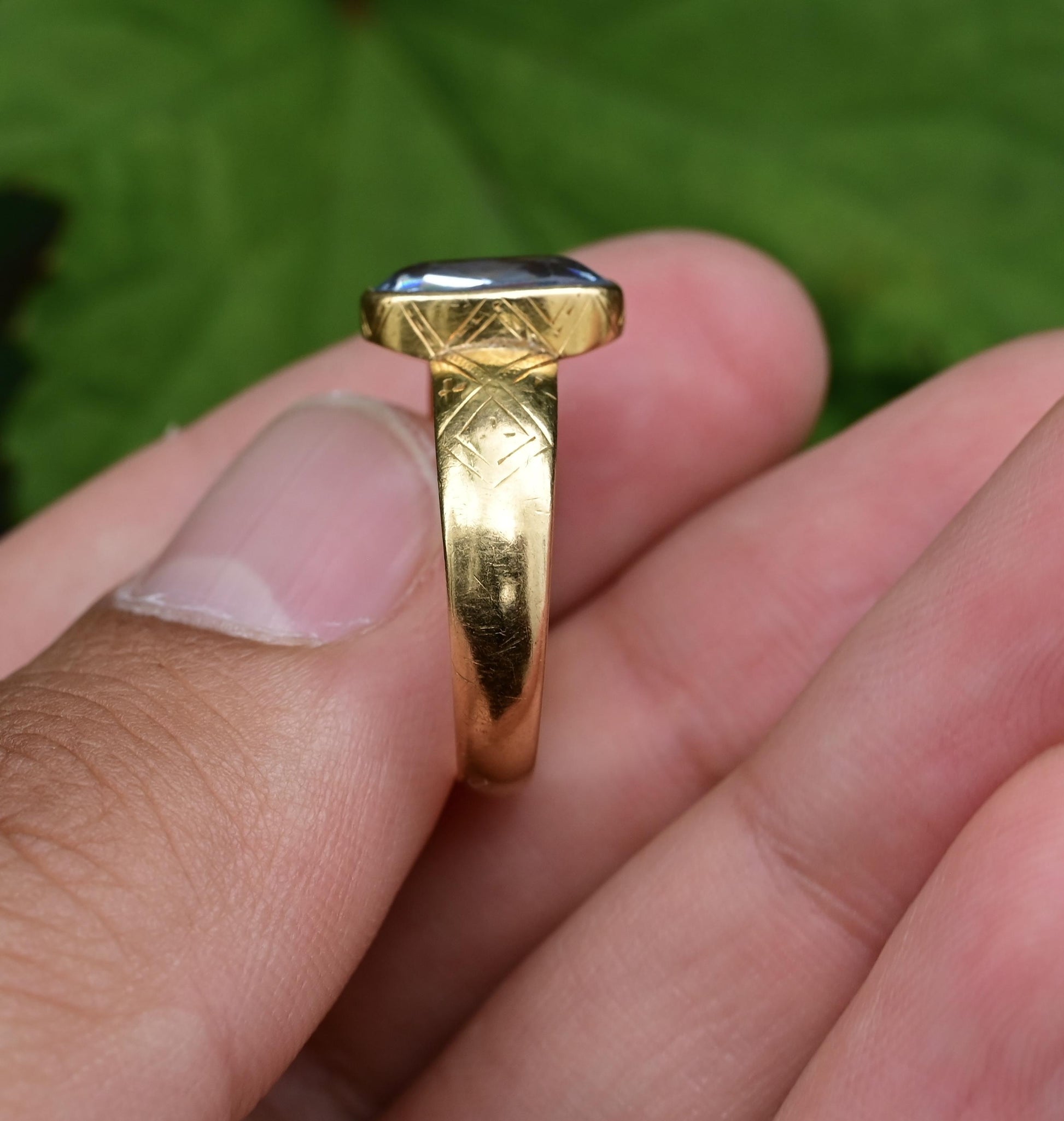 Antique 1800s 18K Yellow Gold Ring w/ Blue Lab-Grown Spinel – Oval Brilliant