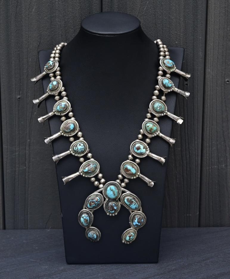 Antique Navajo Sterling Silver & Turquoise Squash Blossom Necklace – 175.69 Gs