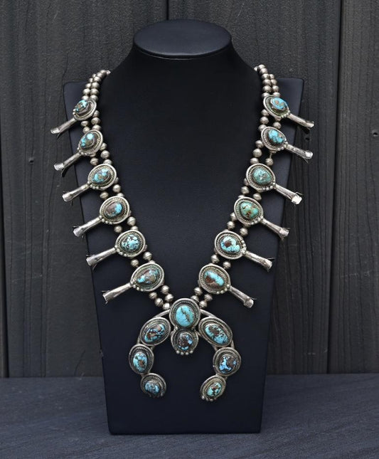 Antique Navajo Sterling Silver & Turquoise Squash Blossom Necklace – 175.69 Gs