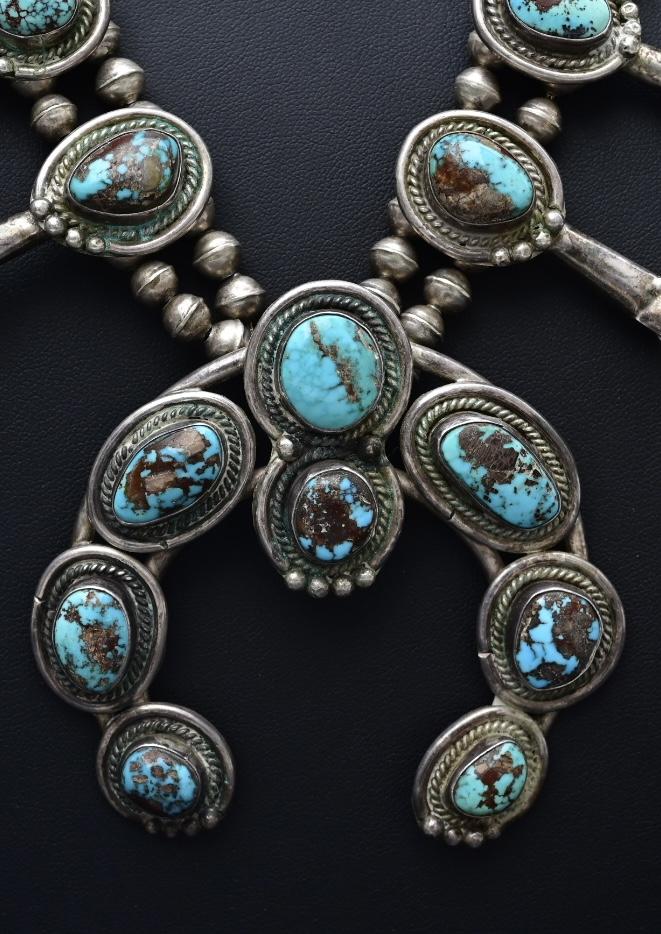 Antique Navajo Sterling Silver & Turquoise Squash Blossom Necklace – 175.69 Gs