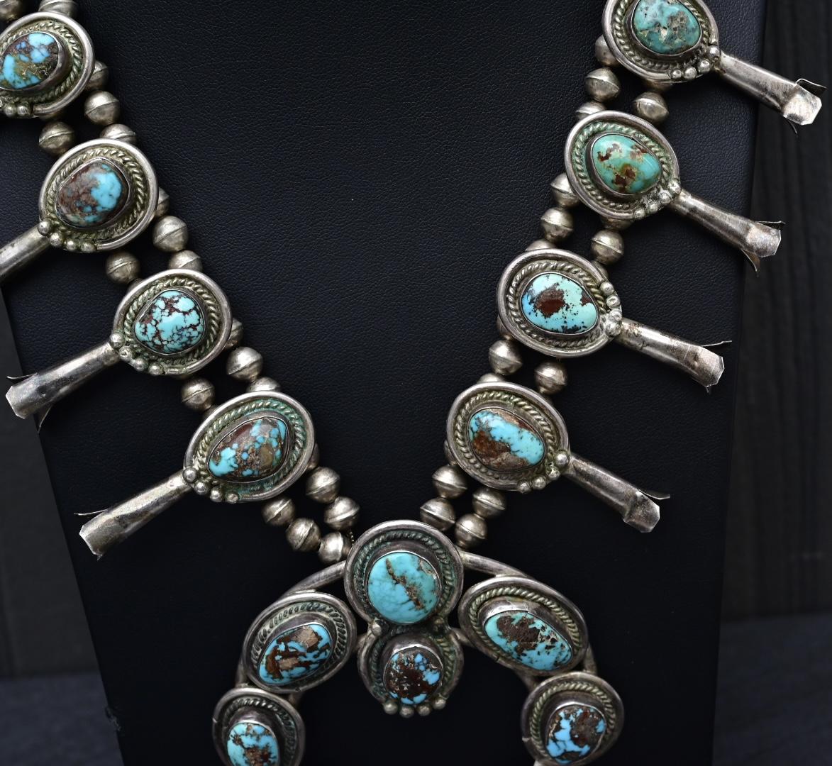 Antique Navajo Sterling Silver & Turquoise Squash Blossom Necklace – 175.69 Gs