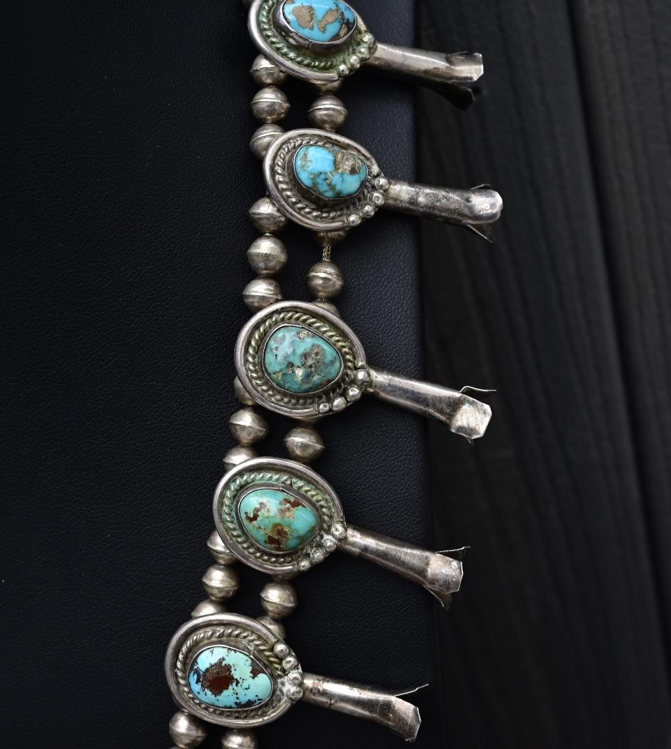 Antique Navajo Sterling Silver & Turquoise Squash Blossom Necklace – 175.69 Gs