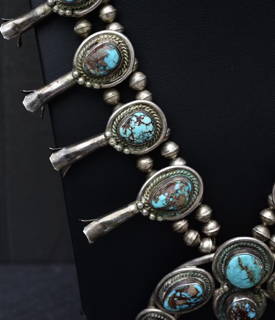 Antique Navajo Sterling Silver & Turquoise Squash Blossom Necklace – 175.69 Gs