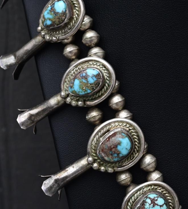 Antique Navajo Sterling Silver & Turquoise Squash Blossom Necklace – 175.69 Gs