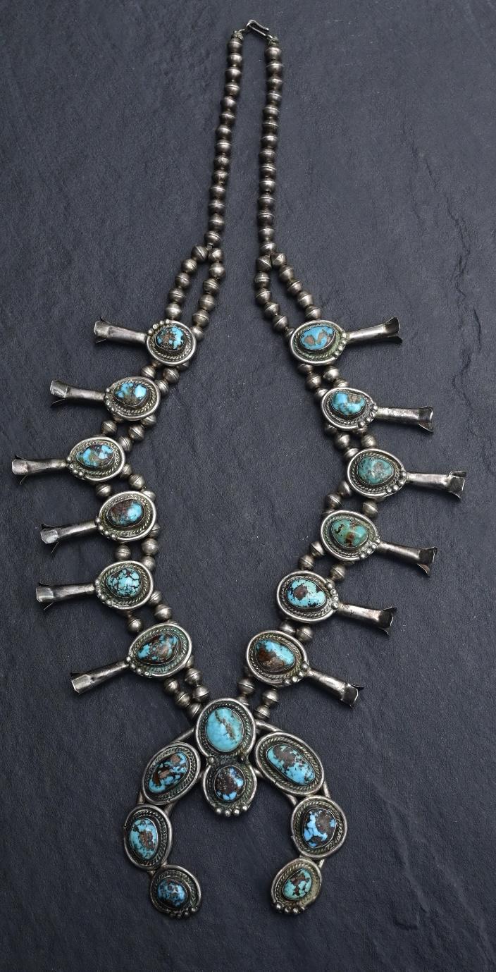 Antique Navajo Sterling Silver & Turquoise Squash Blossom Necklace – 175.69 Gs