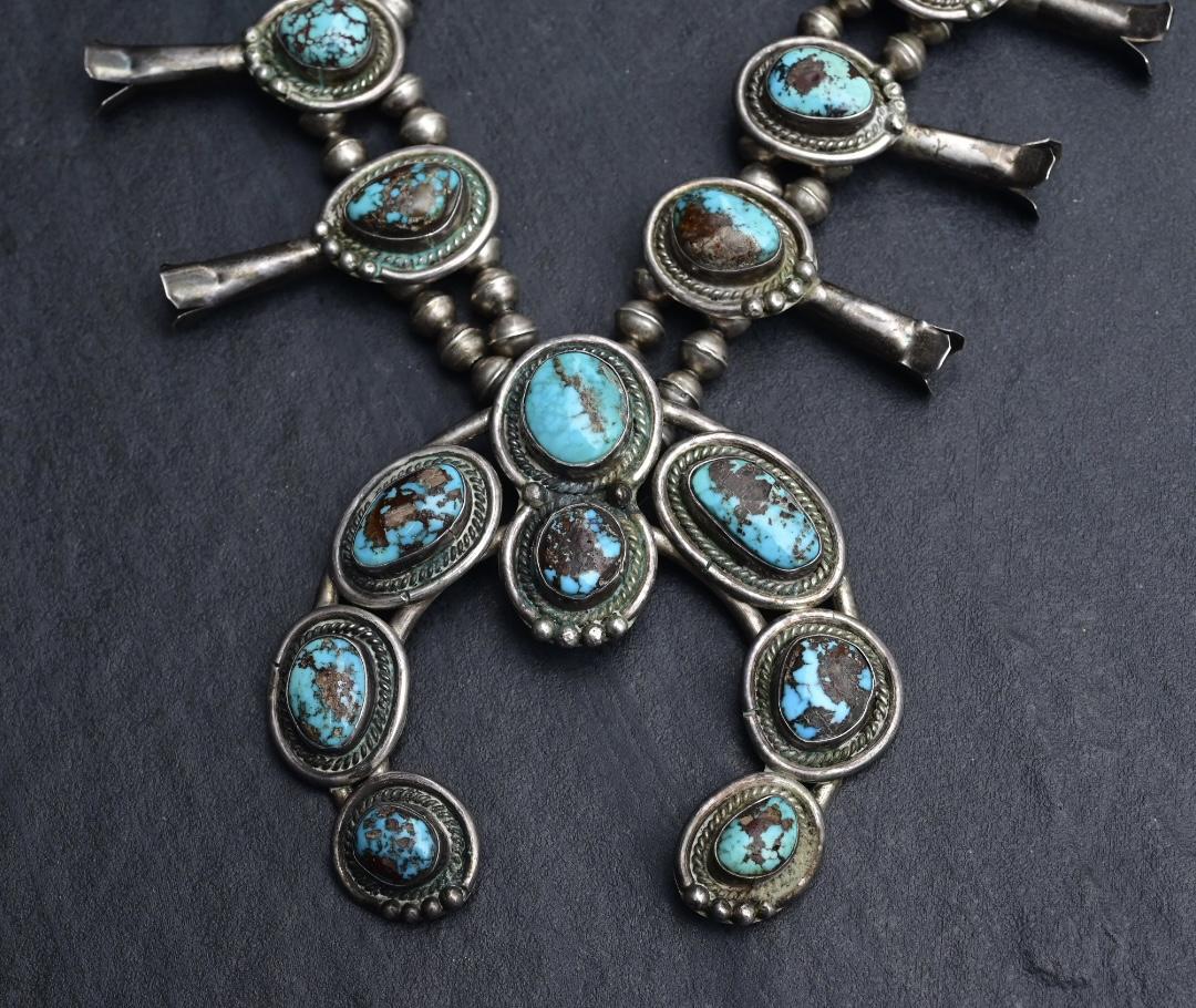 Antique Navajo Sterling Silver & Turquoise Squash Blossom Necklace – 175.69 Gs