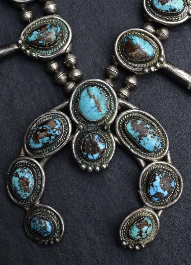Antique Navajo Sterling Silver & Turquoise Squash Blossom Necklace – 175.69 Gs
