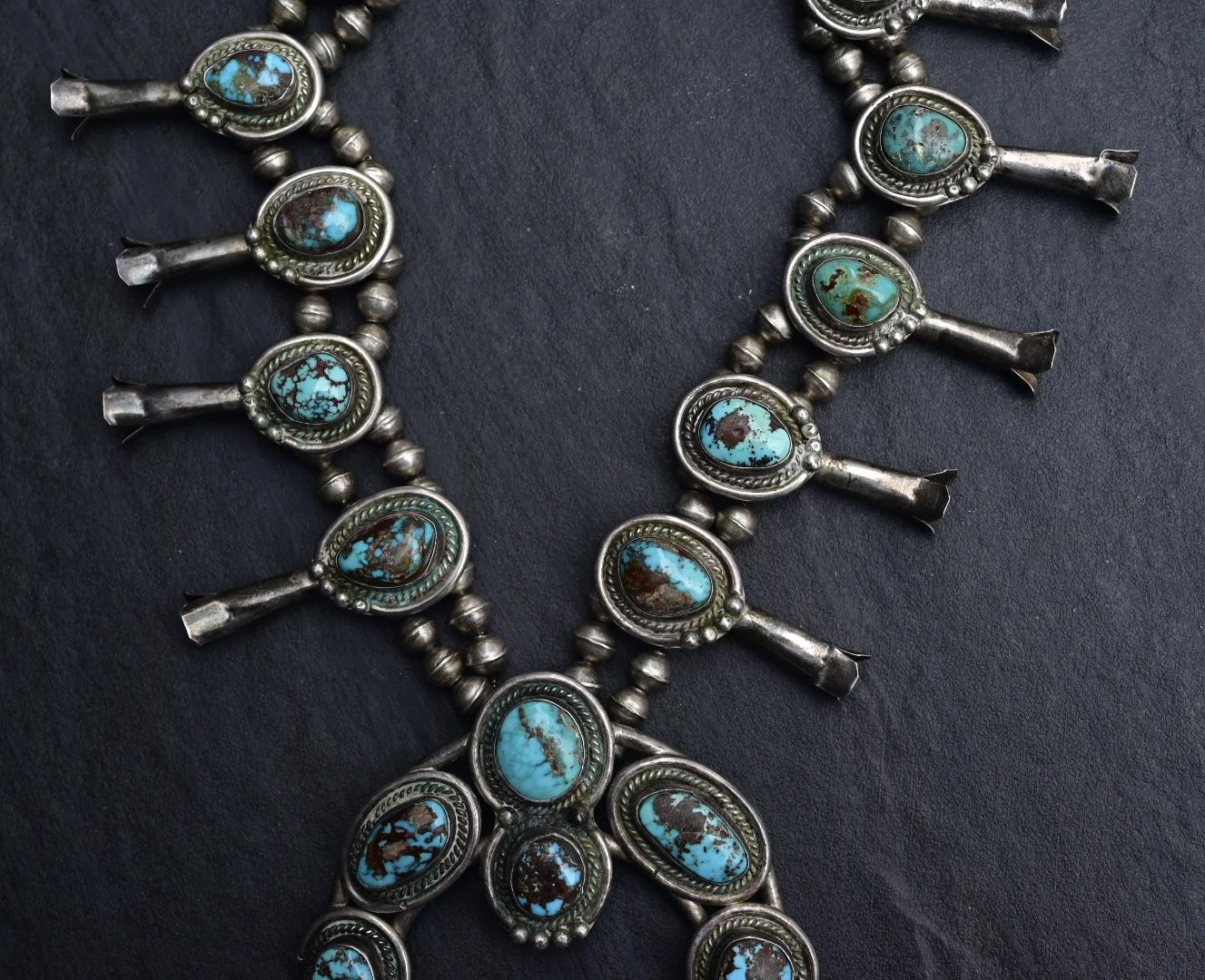 Antique Navajo Sterling Silver & Turquoise Squash Blossom Necklace – 175.69 Gs