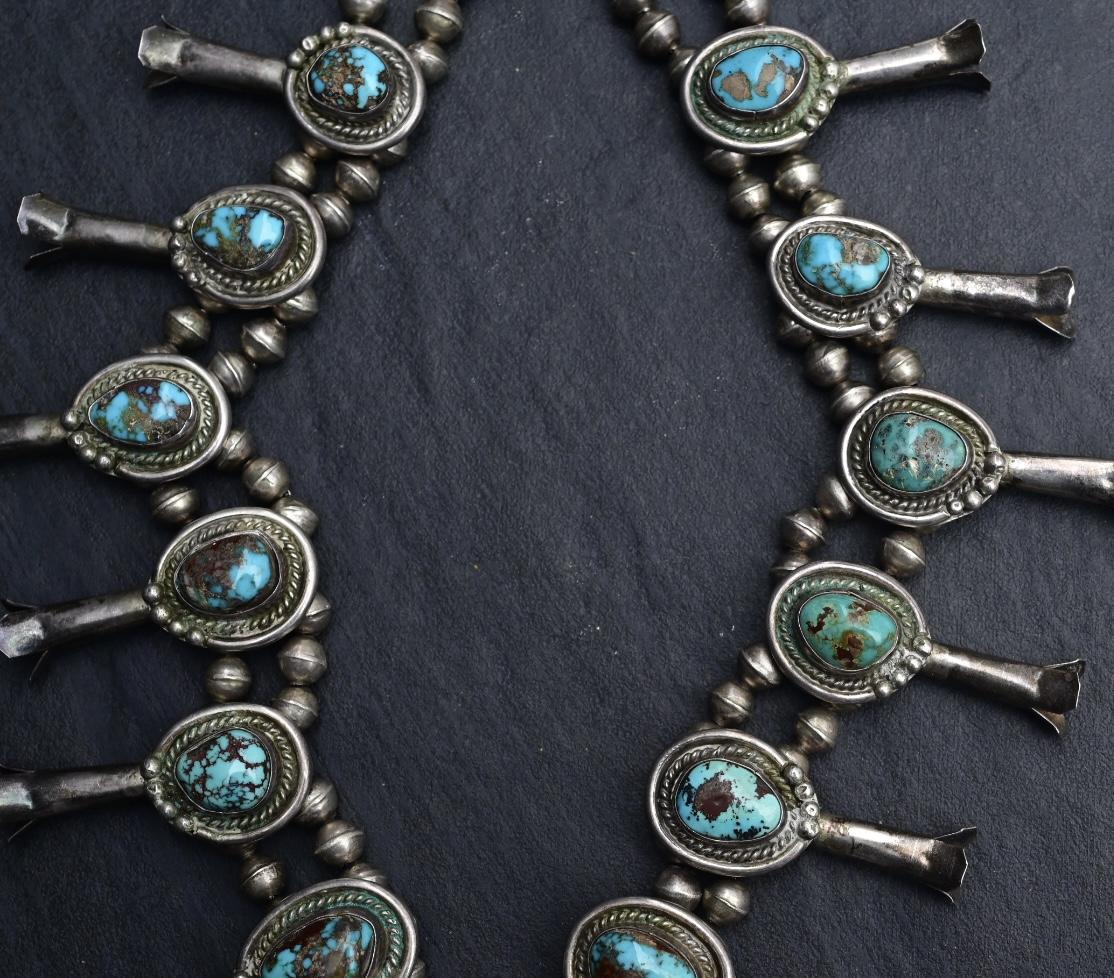 Antique Navajo Sterling Silver & Turquoise Squash Blossom Necklace – 175.69 Gs