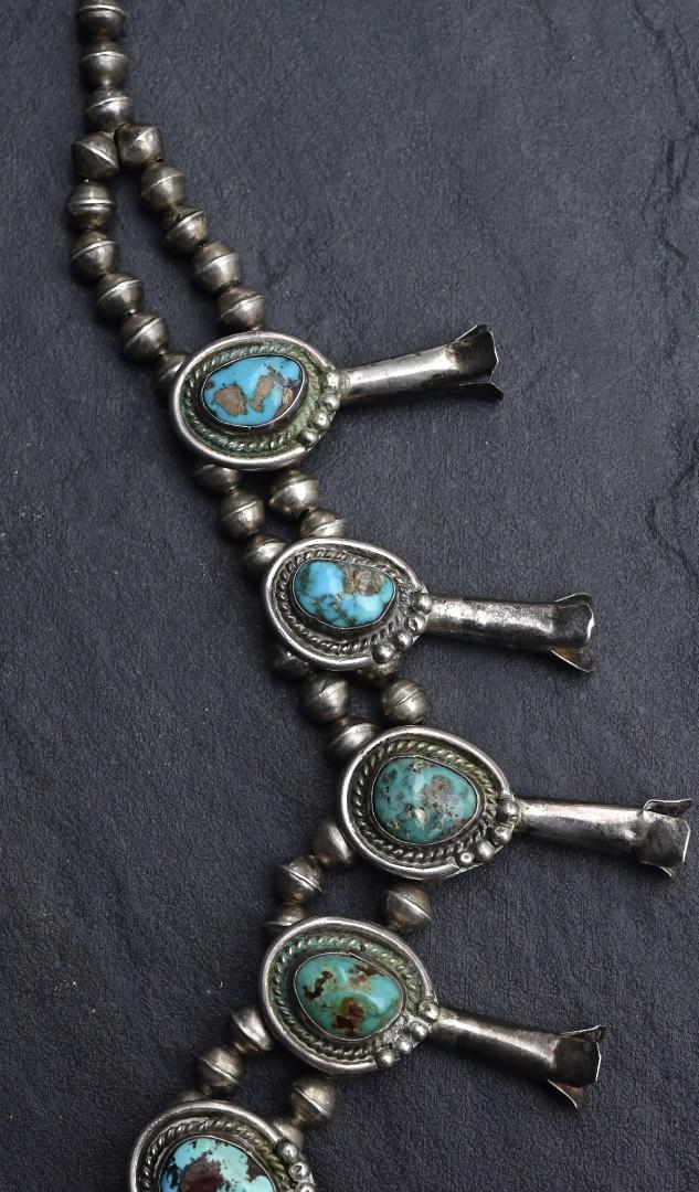 Antique Navajo Sterling Silver & Turquoise Squash Blossom Necklace – 175.69 Gs