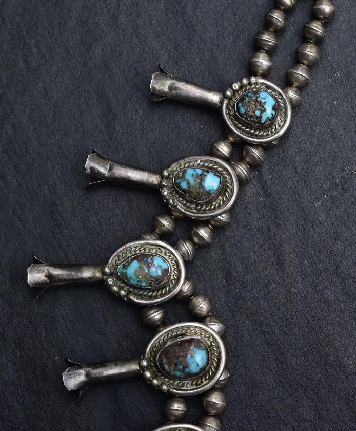 Antique Navajo Sterling Silver & Turquoise Squash Blossom Necklace – 175.69 Gs