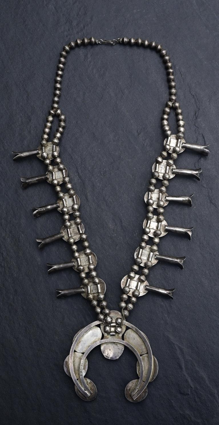 Antique Navajo Sterling Silver & Turquoise Squash Blossom Necklace – 175.69 Gs