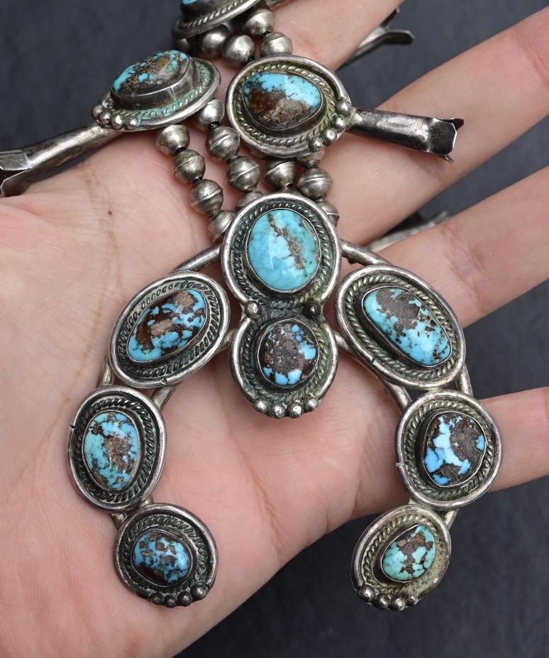 Antique Navajo Sterling Silver & Turquoise Squash Blossom Necklace – 175.69 Gs