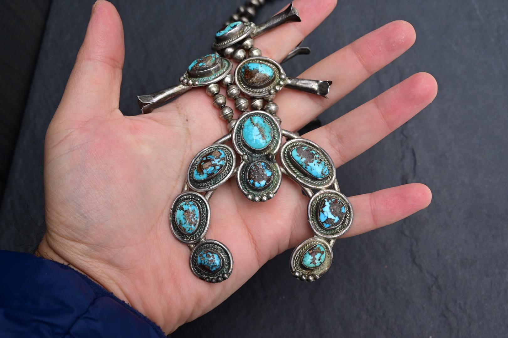 Antique Navajo Sterling Silver & Turquoise Squash Blossom Necklace – 175.69 Gs