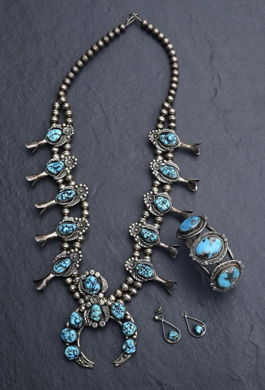 Rare 1978 Navajo Sterling Silver & Turquoise Squash Blossom Set by Gracie Paul