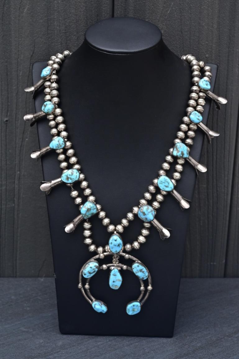 Navajo Selena Warner Sterling Silver & Turquoise Squash Blossom Necklace Signed