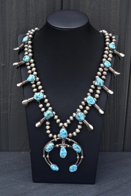 Navajo Selena Warner Sterling Silver & Turquoise Squash Blossom Necklace Signed