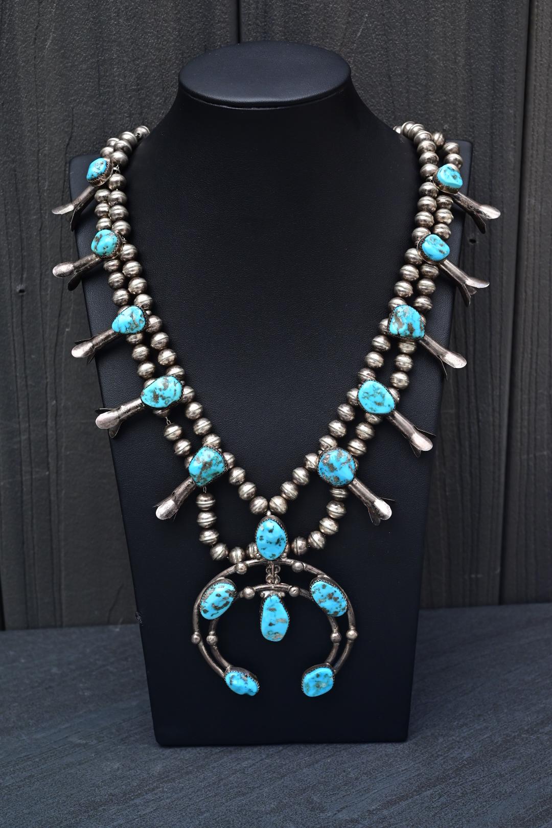 Navajo Selena Warner Sterling Silver & Turquoise Squash Blossom Necklace Signed