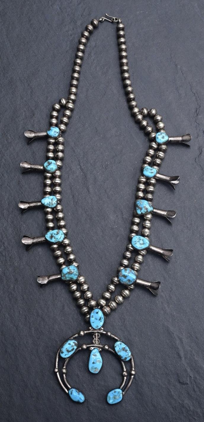 Navajo Selena Warner Sterling Silver & Turquoise Squash Blossom Necklace Signed