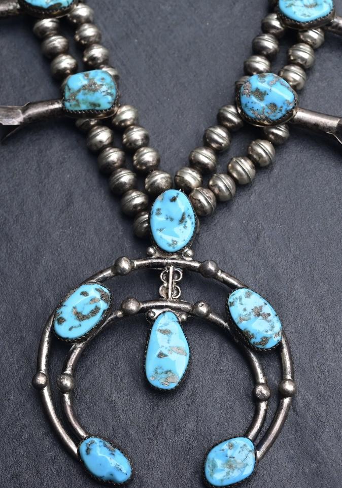 Navajo Selena Warner Sterling Silver & Turquoise Squash Blossom Necklace Signed