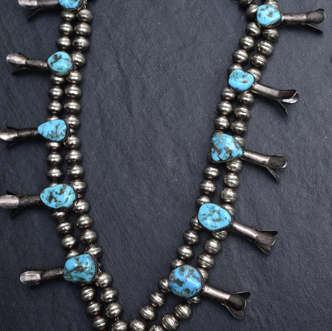 Navajo Selena Warner Sterling Silver & Turquoise Squash Blossom Necklace Signed
