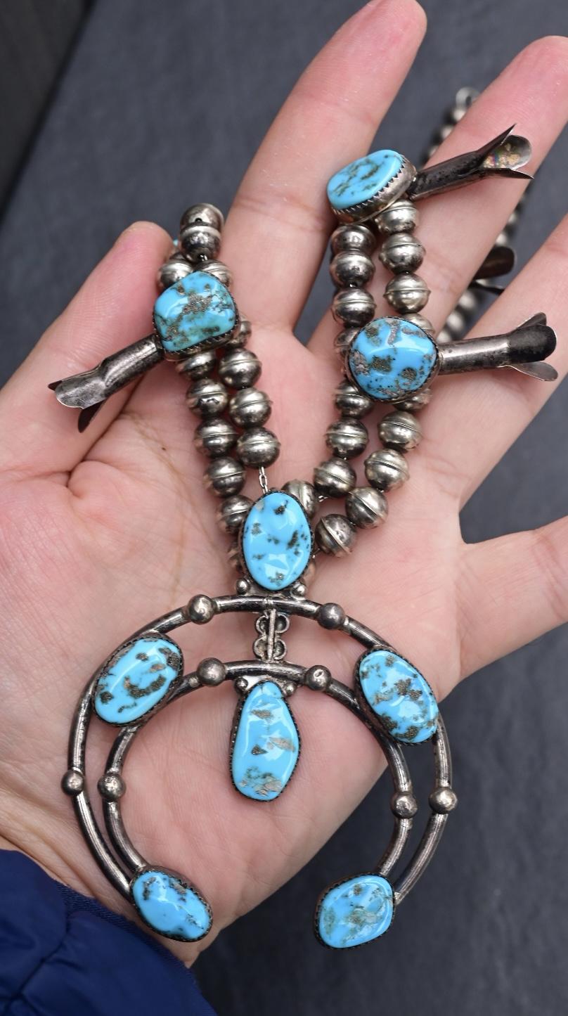 Navajo Selena Warner Sterling Silver & Turquoise Squash Blossom Necklace Signed