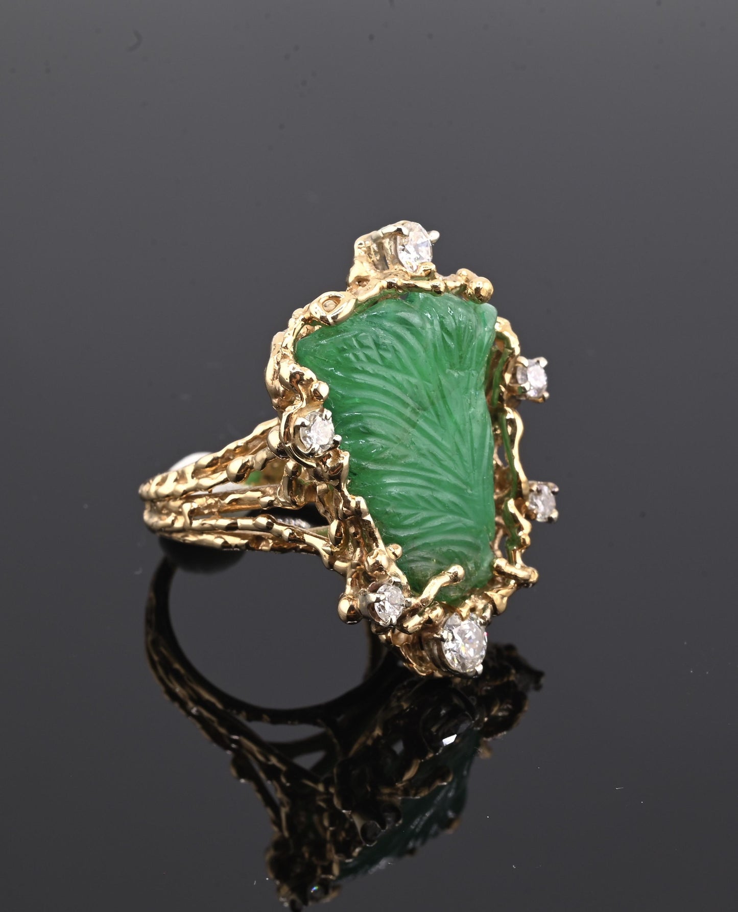 Amazing GIA Certified 14K Yellow Gold Carved Green Beryl & Diamond Ring 6.5