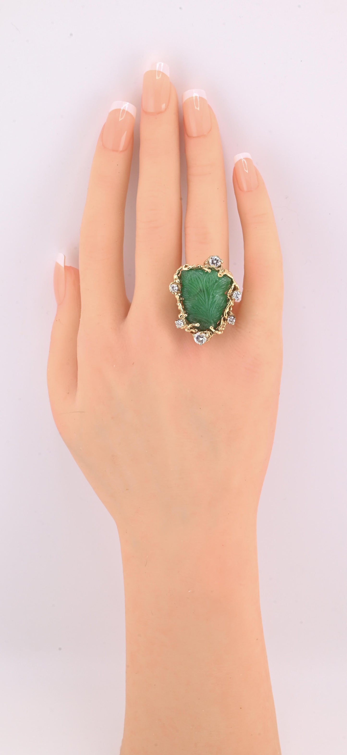 Amazing GIA Certified 14K Yellow Gold Carved Green Beryl & Diamond Ring 6.5