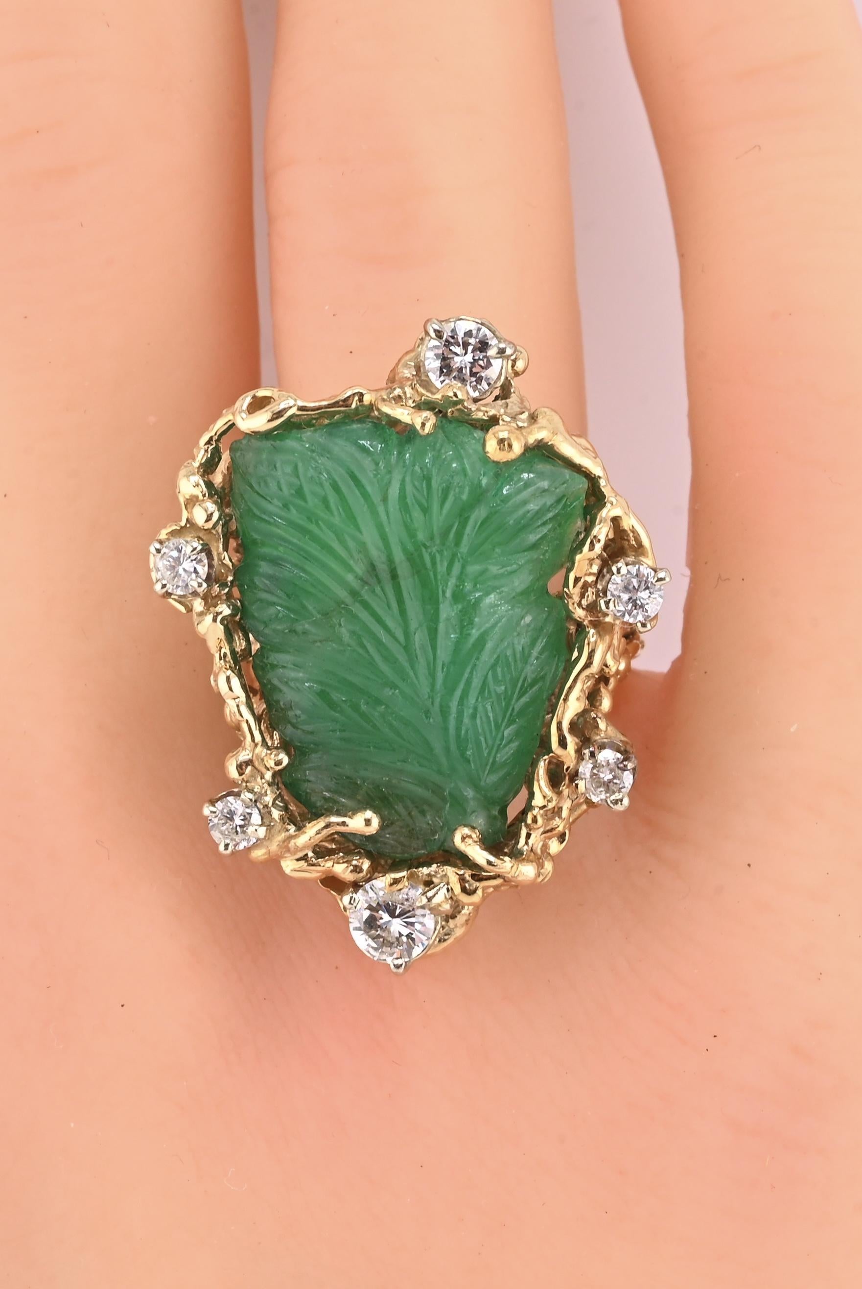 Amazing GIA Certified 14K Yellow Gold Carved Green Beryl & Diamond Ring 6.5