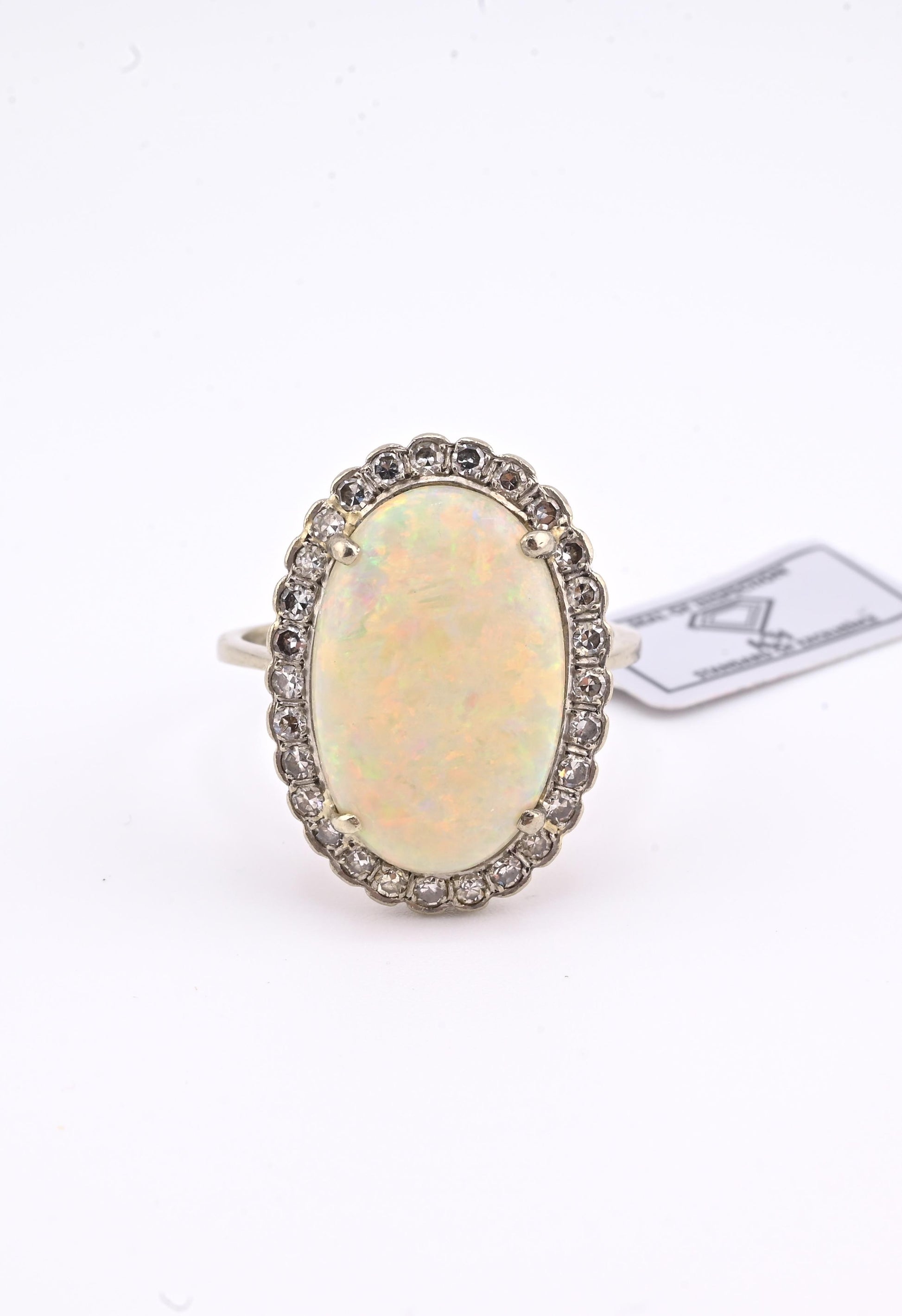 IGI Certified 14K Gold Natural Opal & Diamond Halo Ring Mid Century / Art Deco
