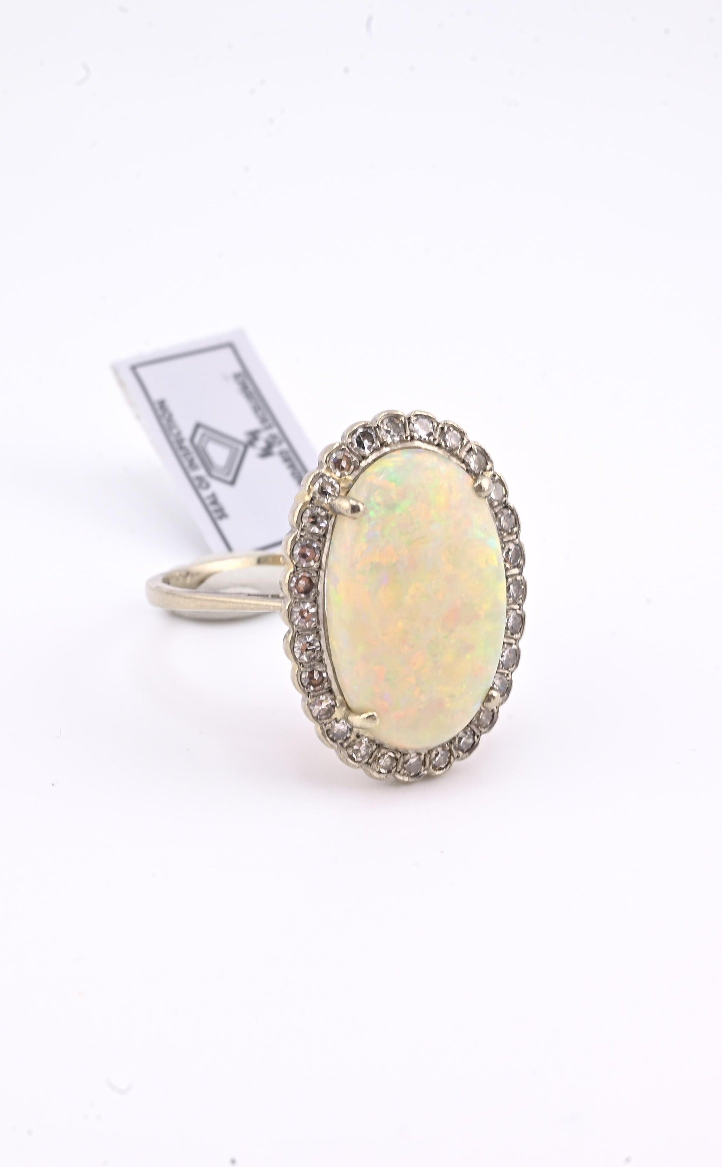 IGI Certified 14K Gold Natural Opal & Diamond Halo Ring Mid Century / Art Deco