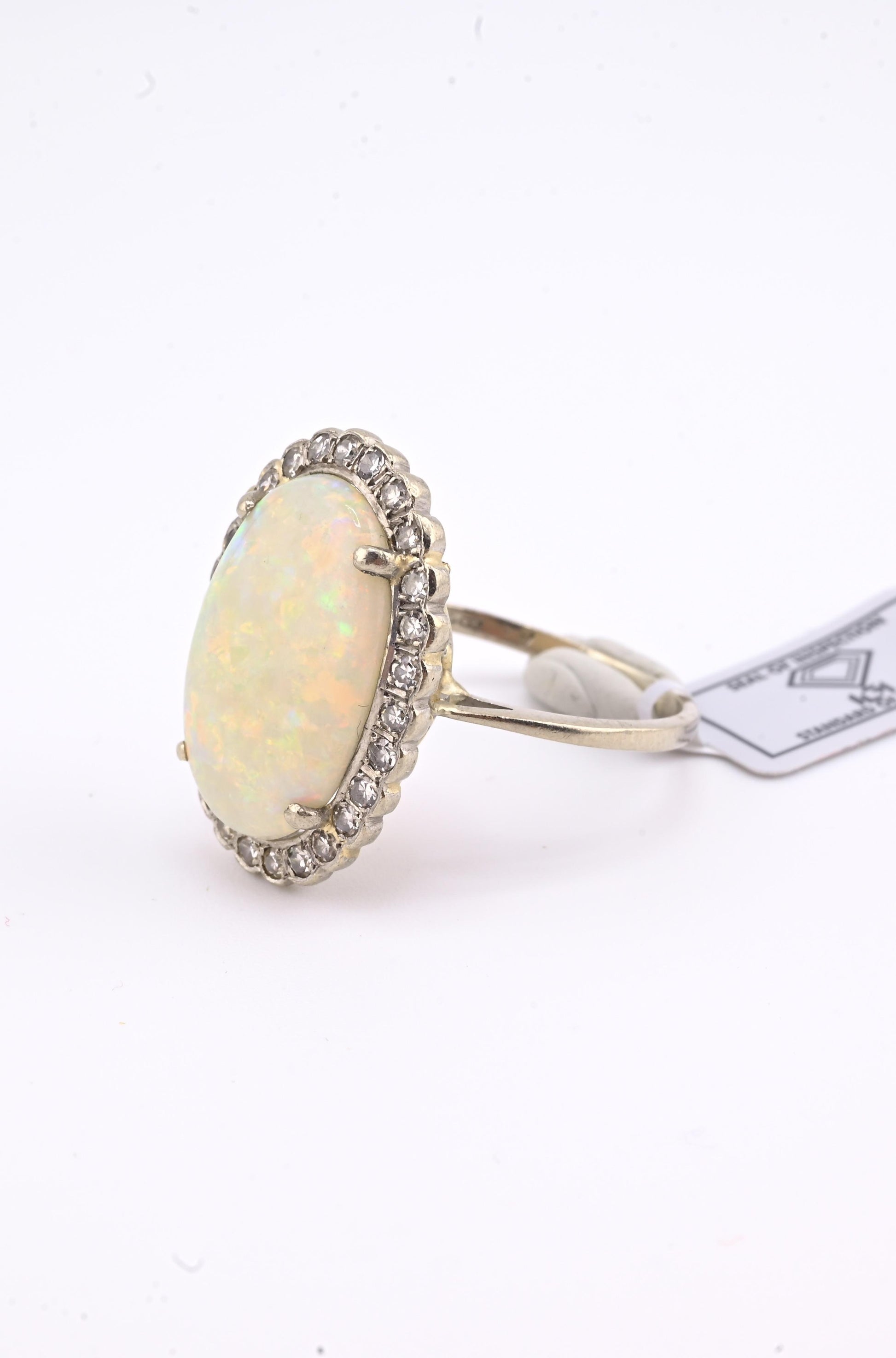 IGI Certified 14K Gold Natural Opal & Diamond Halo Ring Mid Century / Art Deco