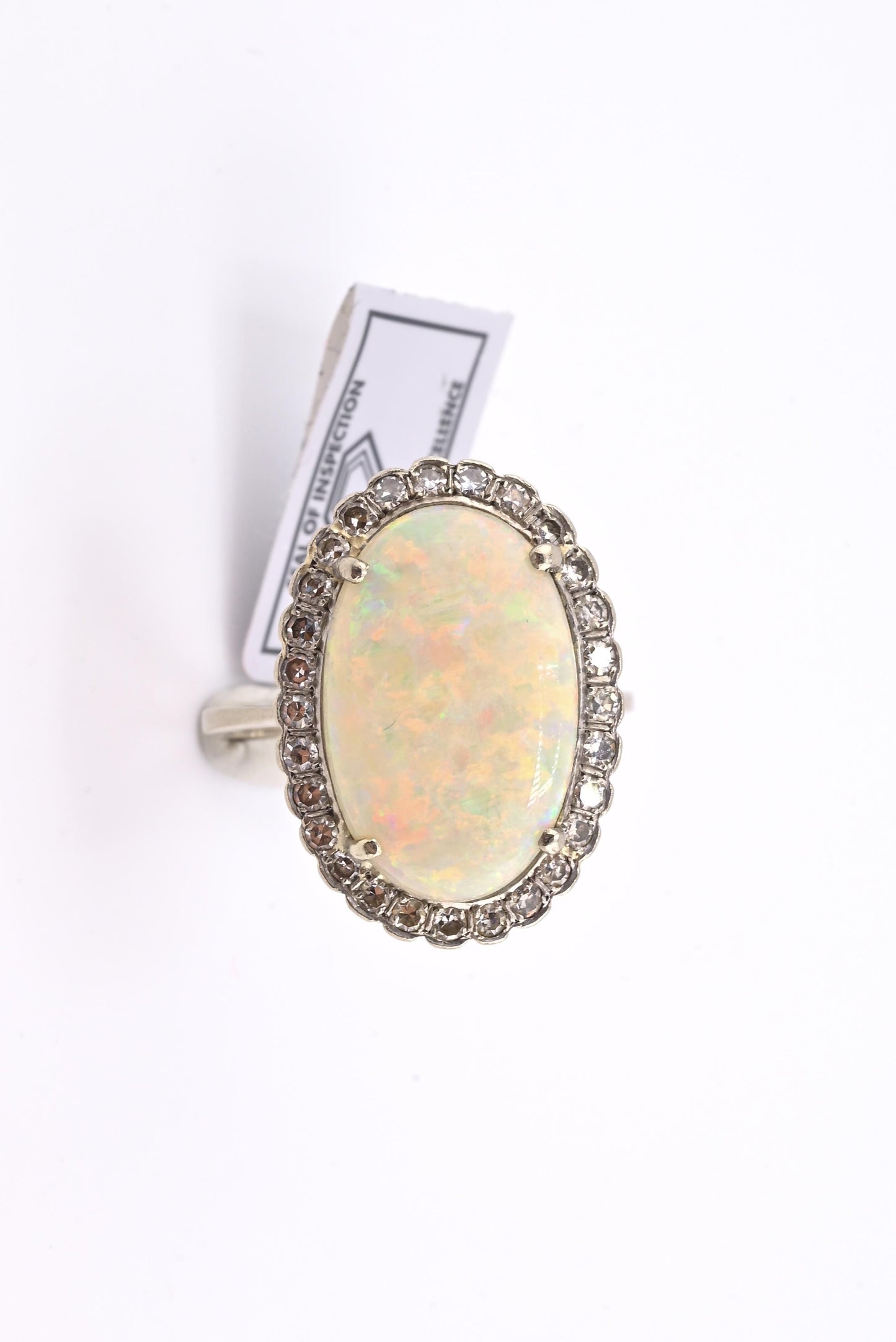 IGI Certified 14K Gold Natural Opal & Diamond Halo Ring Mid Century / Art Deco