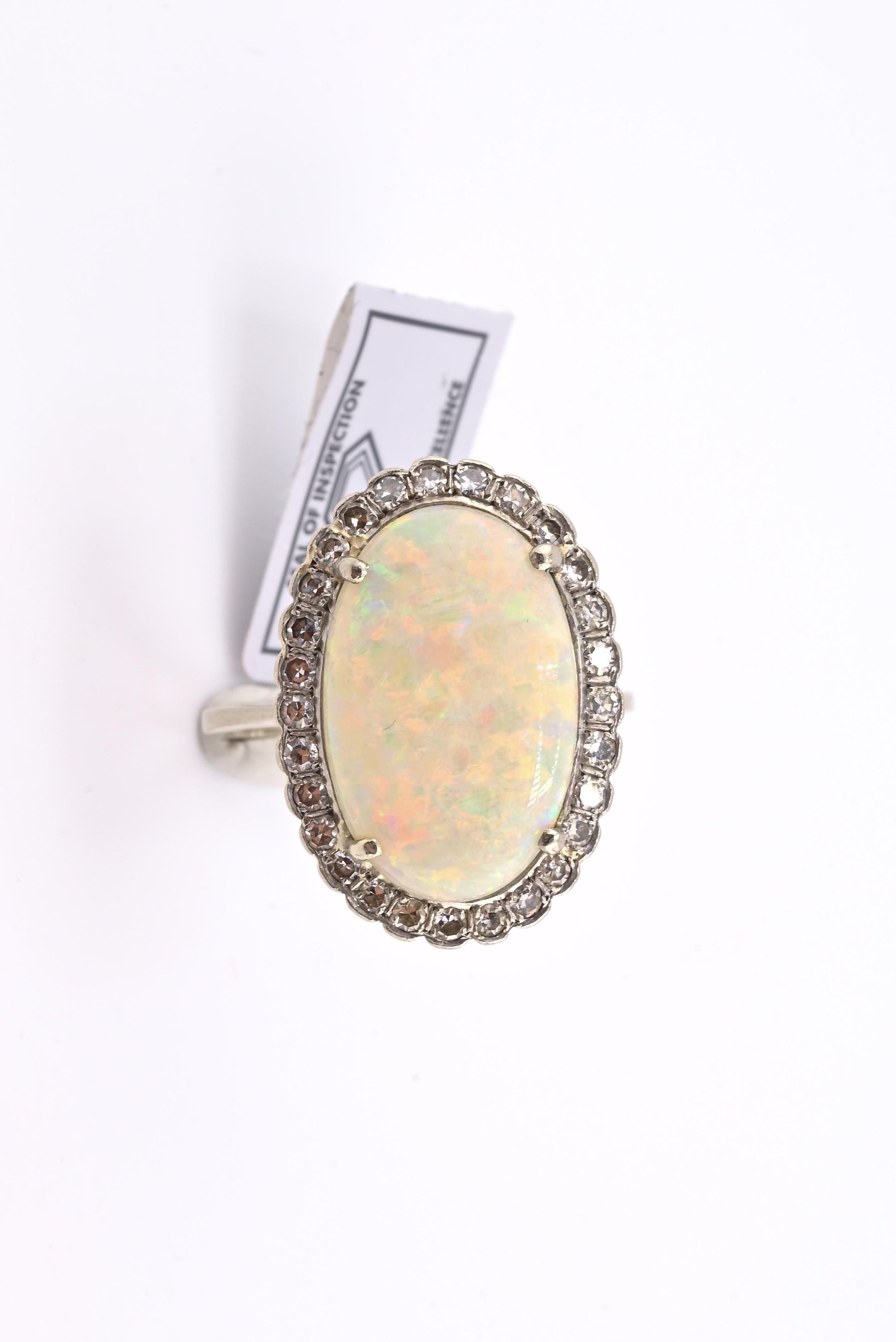 IGI Certified 14K Gold Natural Opal & Diamond Halo Ring Mid Century / Art Deco