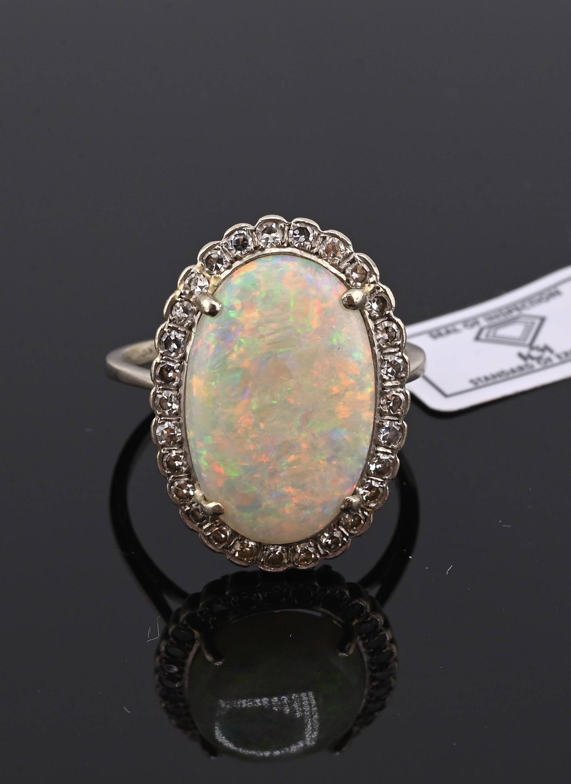 IGI Certified 14K Gold Natural Opal & Diamond Halo Ring Mid Century / Art Deco