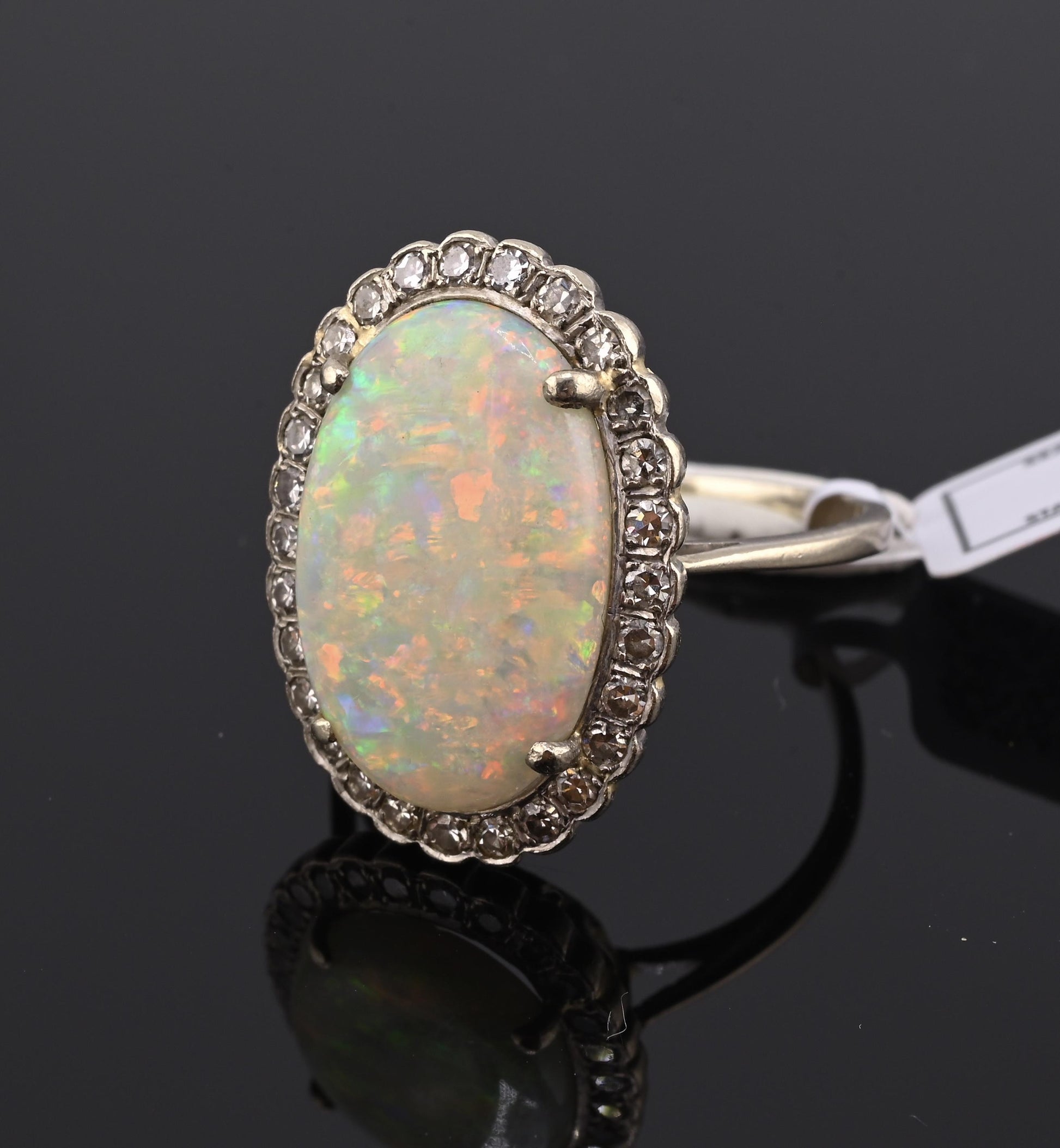 IGI Certified 14K Gold Natural Opal & Diamond Halo Ring Mid Century / Art Deco