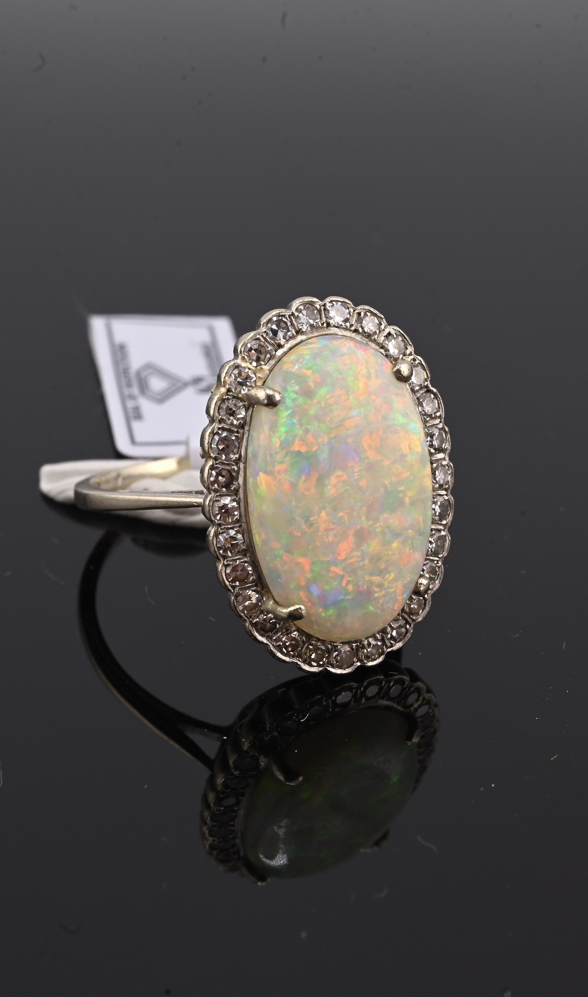 IGI Certified 14K Gold Natural Opal & Diamond Halo Ring Mid Century / Art Deco