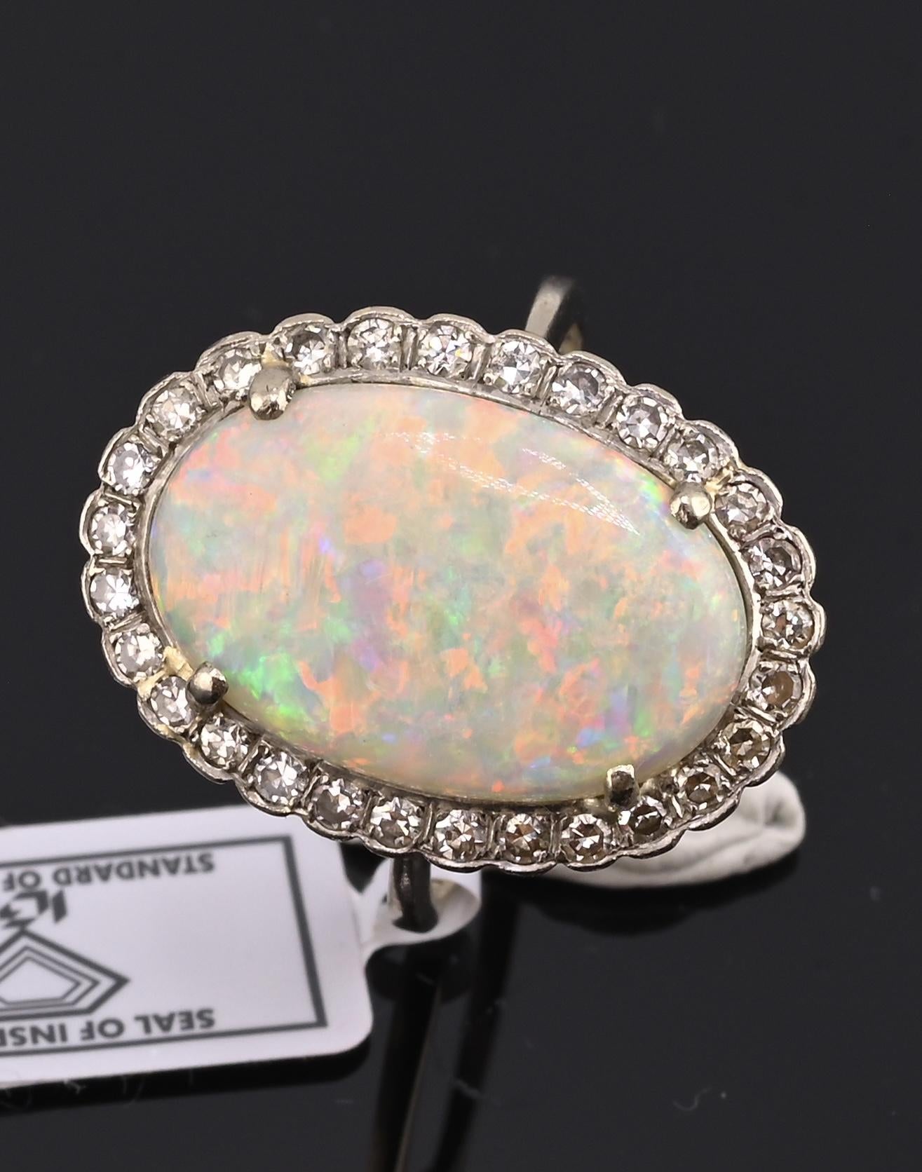 IGI Certified 14K Gold Natural Opal & Diamond Halo Ring Mid Century / Art Deco