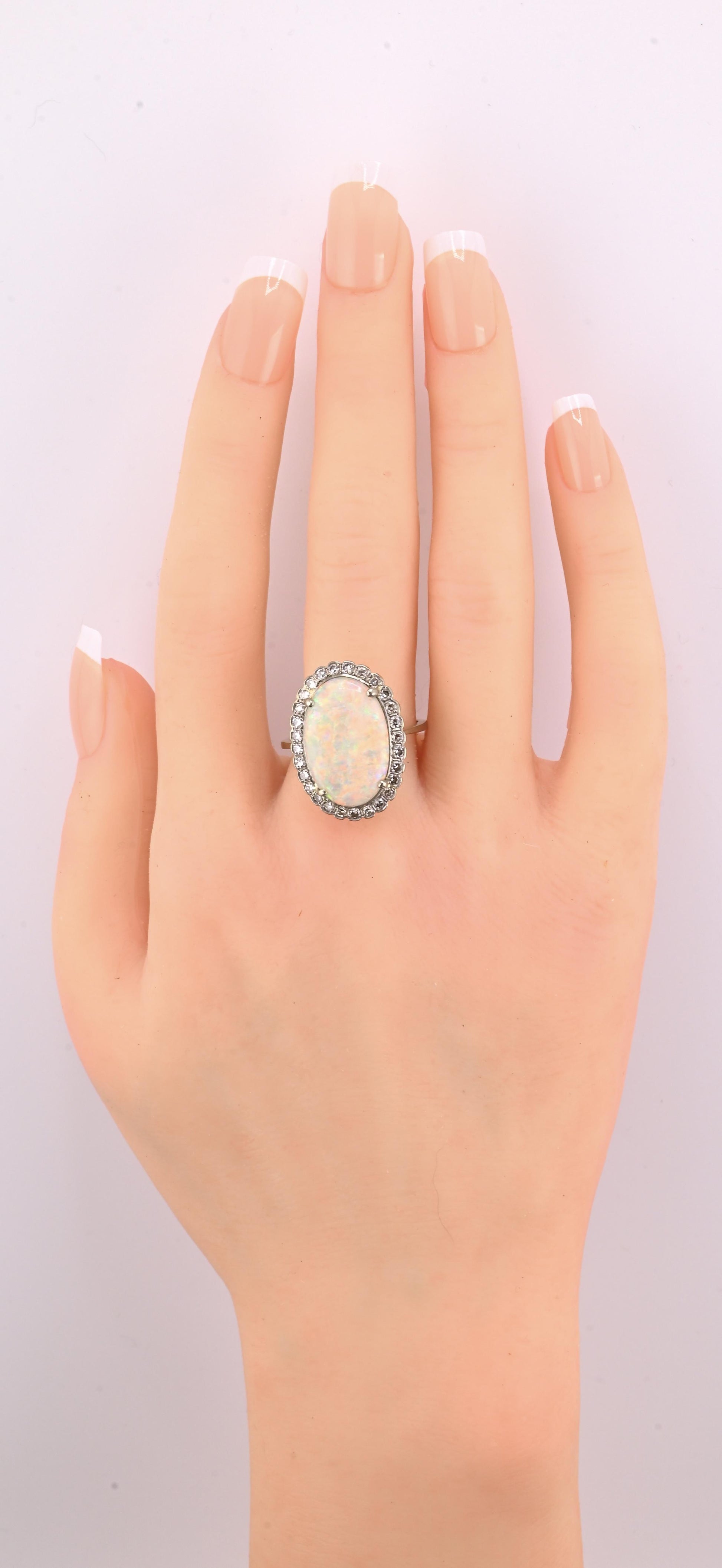 IGI Certified 14K Gold Natural Opal & Diamond Halo Ring Mid Century / Art Deco