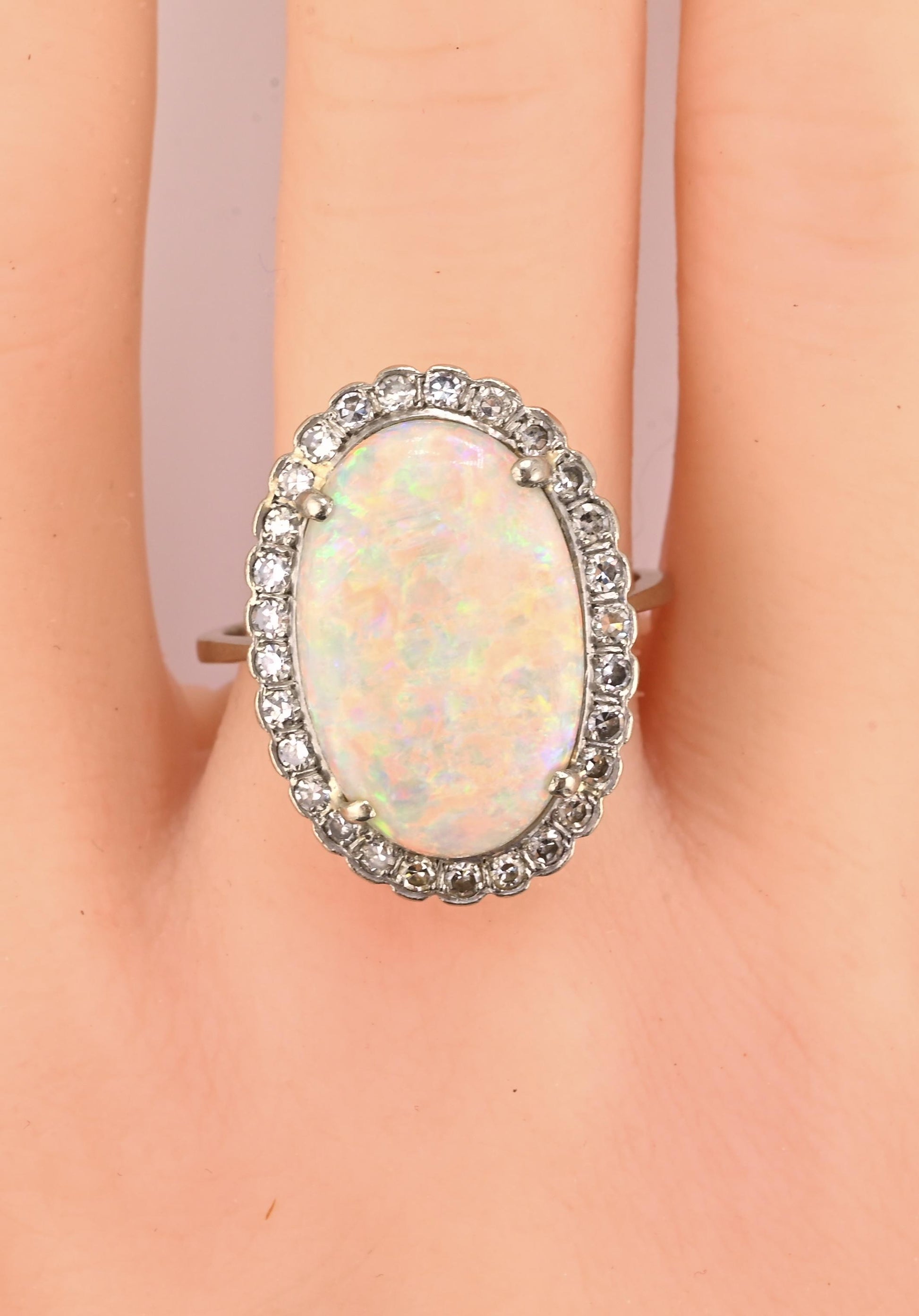 IGI Certified 14K Gold Natural Opal & Diamond Halo Ring Mid Century / Art Deco