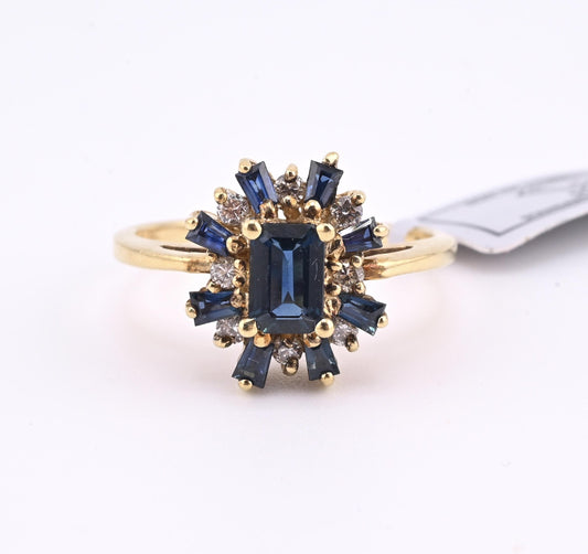 IGI Certified 14K Yellow Gold Sapphire & Diamond Cluster Ring 1.35 CTW Size 7.5