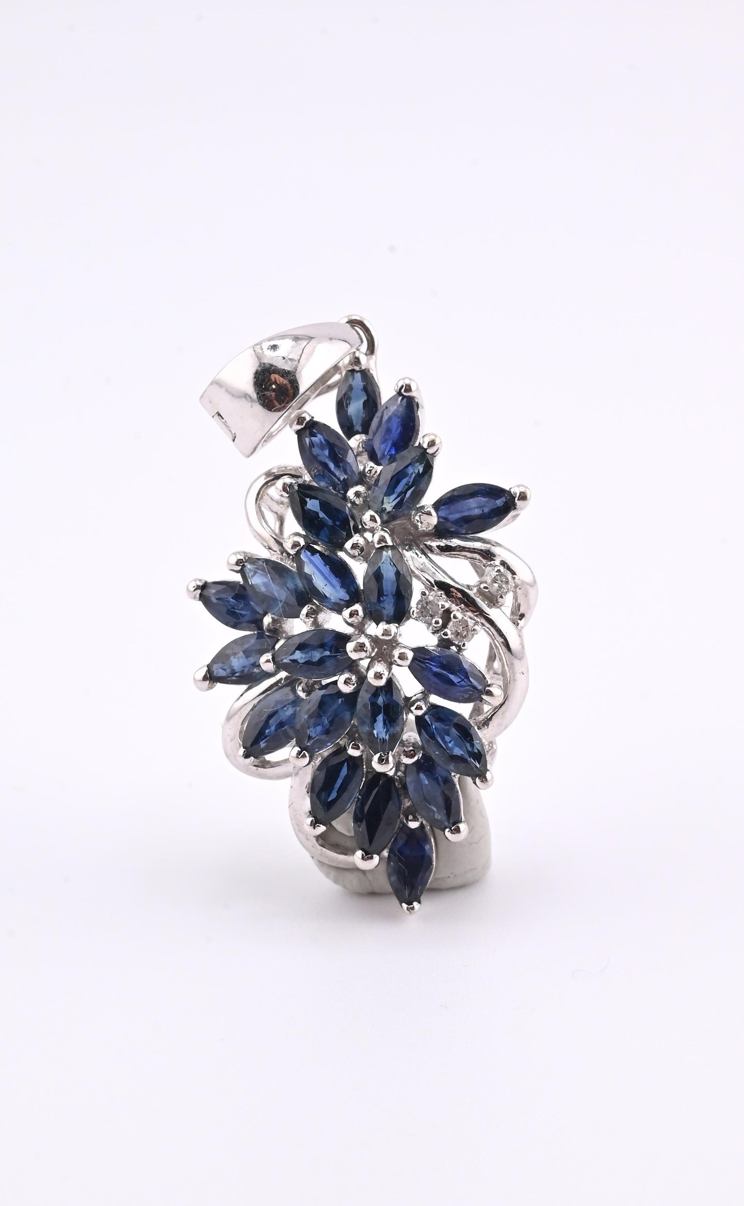 IGI Certified 14K White Gold Sapphire & Diamond Pendant 3.15 CTW Floral Design