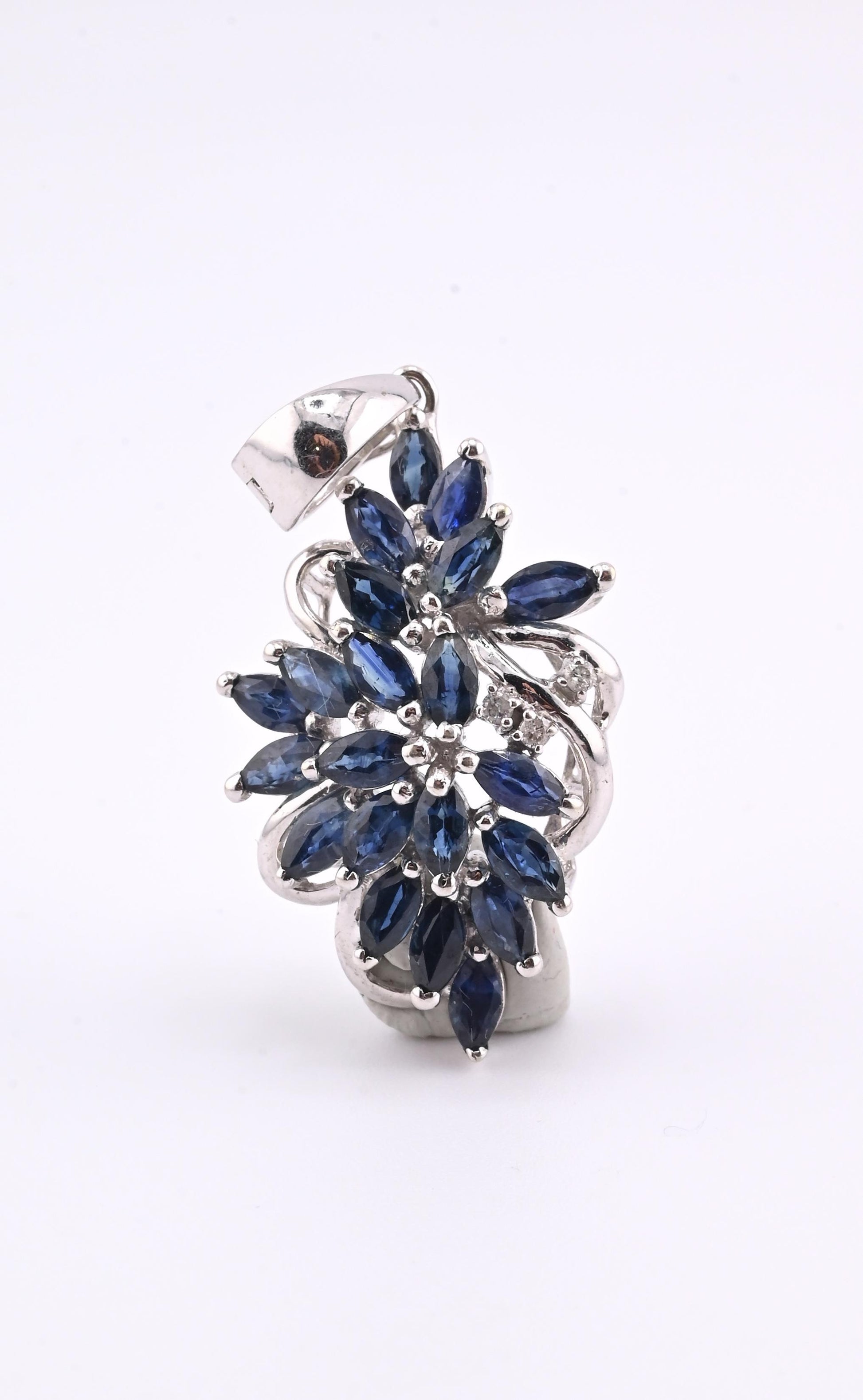 IGI Certified 14K White Gold Sapphire & Diamond Pendant 3.15 CTW Floral Design