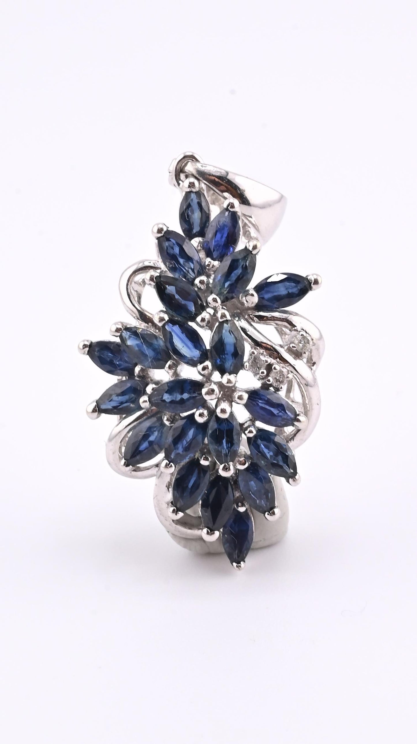 IGI Certified 14K White Gold Sapphire & Diamond Pendant 3.15 CTW Floral Design