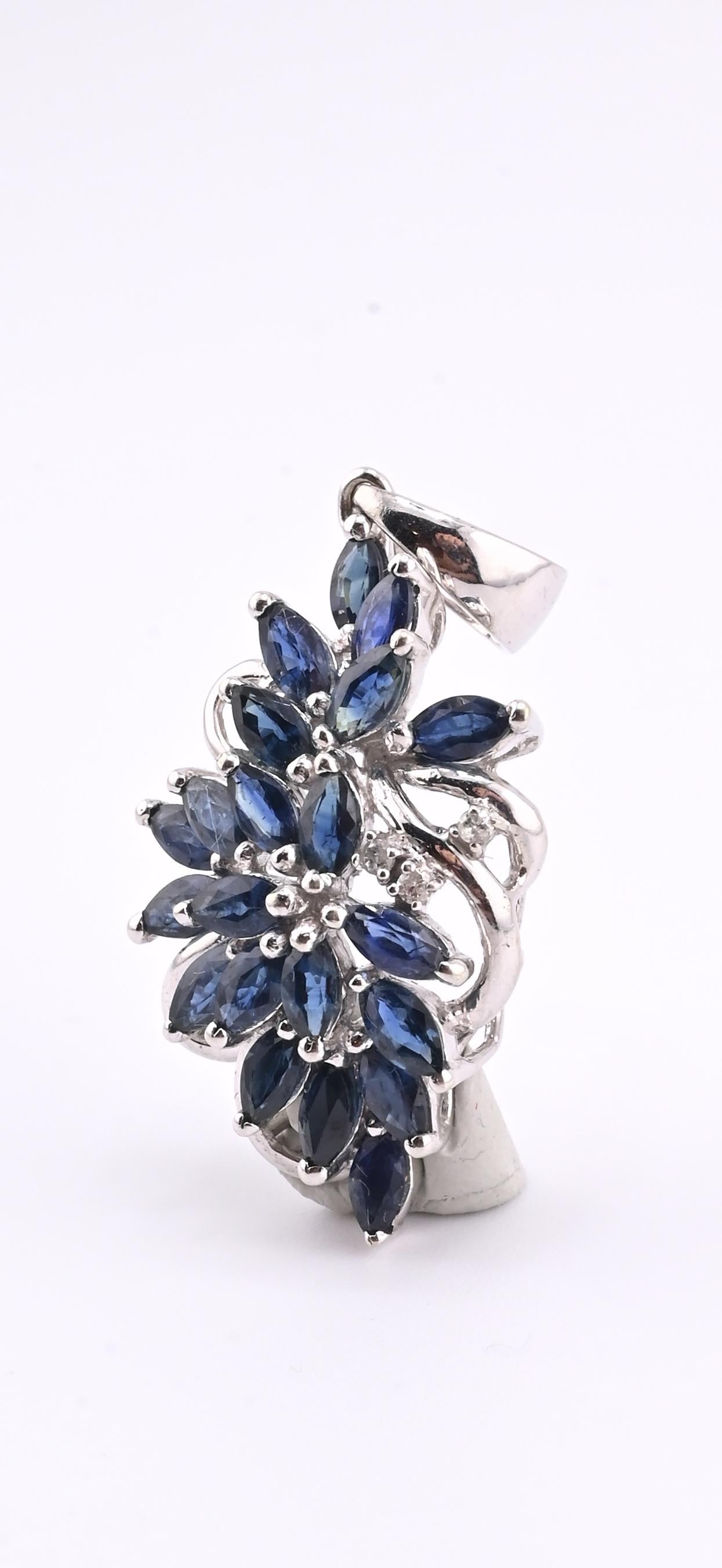 IGI Certified 14K White Gold Sapphire & Diamond Pendant 3.15 CTW Floral Design