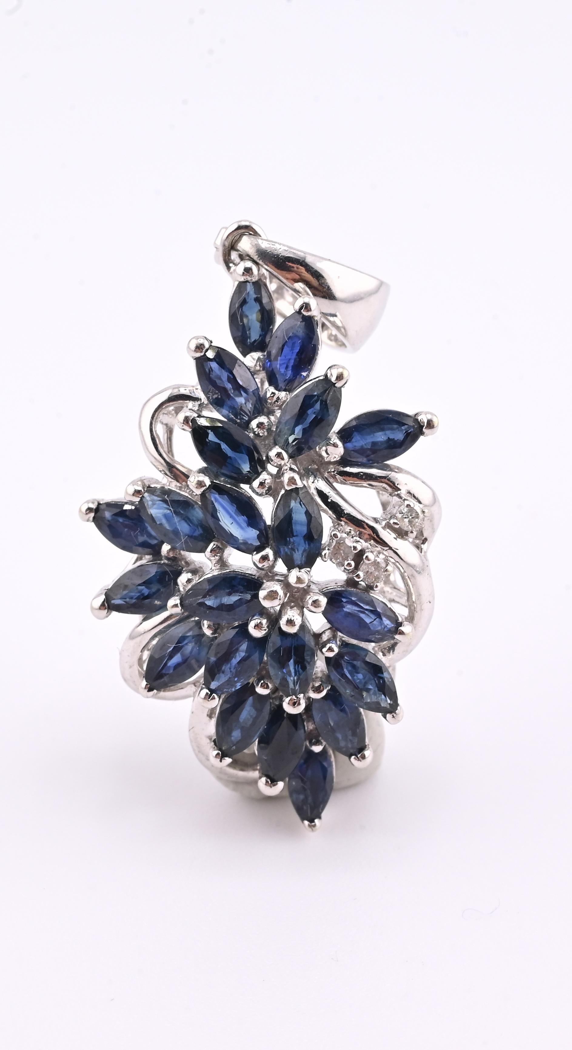 IGI Certified 14K White Gold Sapphire & Diamond Pendant 3.15 CTW Floral Design
