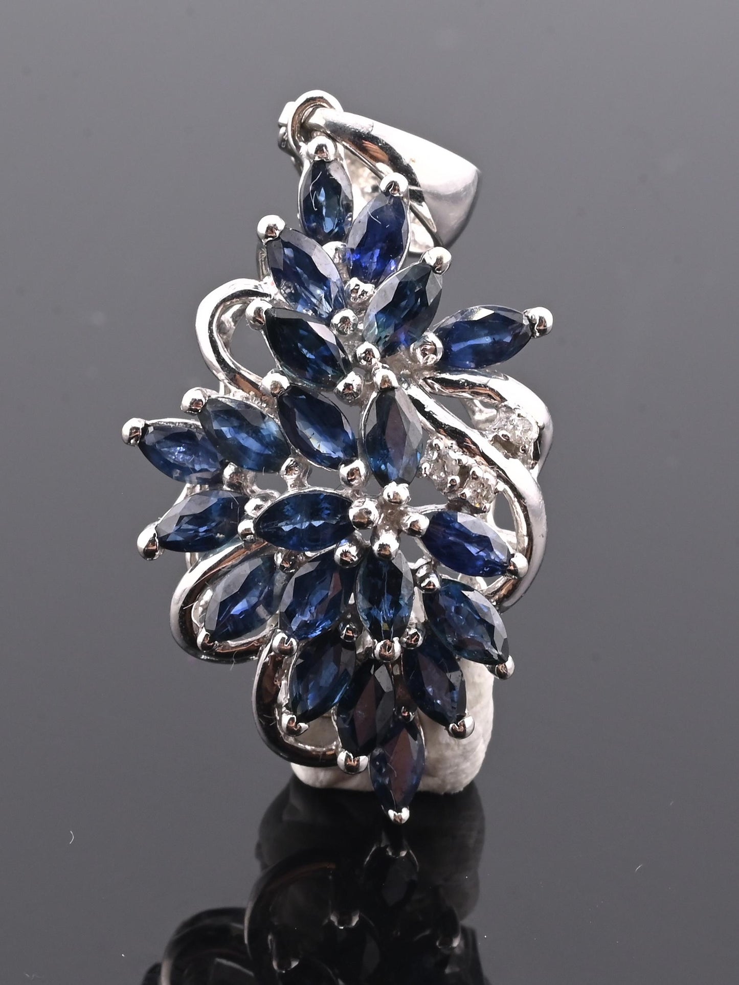 IGI Certified 14K White Gold Sapphire & Diamond Pendant 3.15 CTW Floral Design